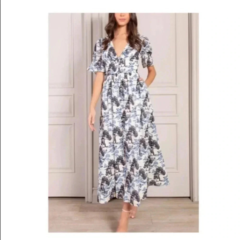 🆕Senlis Women Valentine Button Front Mulvari Floral Puff Sleeve Maxi Dress XS🆕
